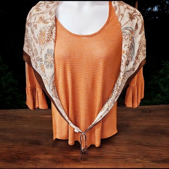 ONE WORLD Women's longSleeve Striped Top With Floral Scarf Overlay Size Petite L - Picture 1 of 15